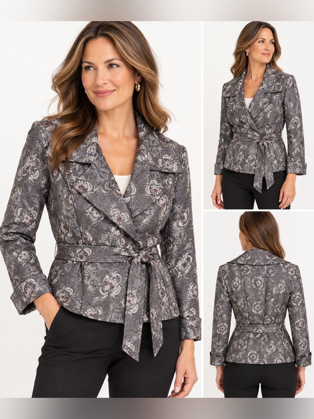 Talbots Collection Gray/taupe Floral Brocade Belted Jacket Blazer Size 12